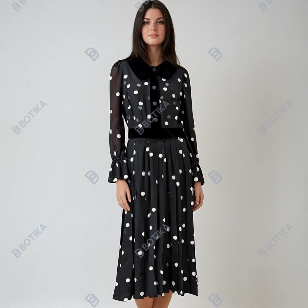 Chic Black Polka Dot Midi Pleated Dress